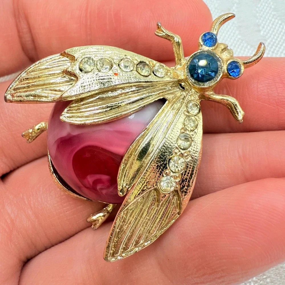 Vintage Insect Art Deco Style Brooch w/ Blue Rhinestone Eyes and Red Resin Belly
